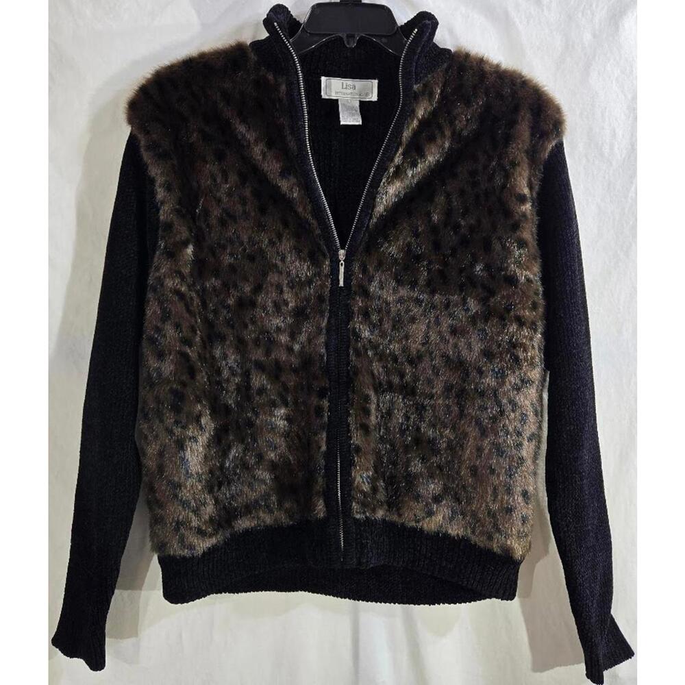 Lisa International Heavy Black Knit Sweater with Faux Fur Leopard Print Size L